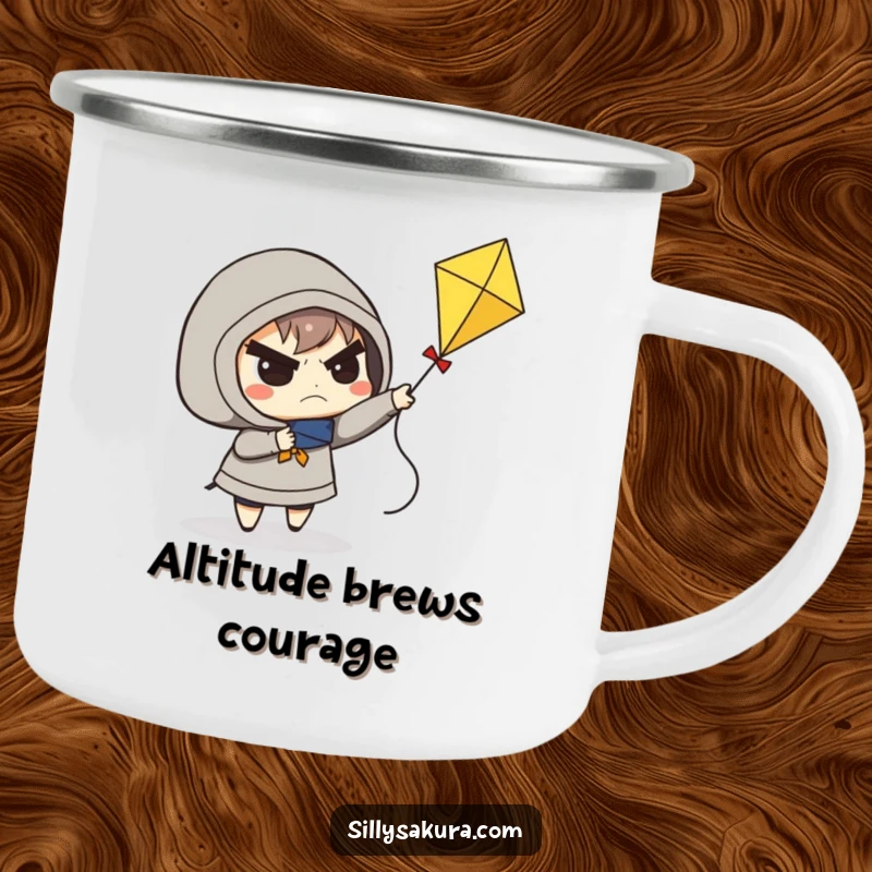 Funny camping mug with a determined frowning character trying to fly a small kite, ideal for outdoor enthusiasts.