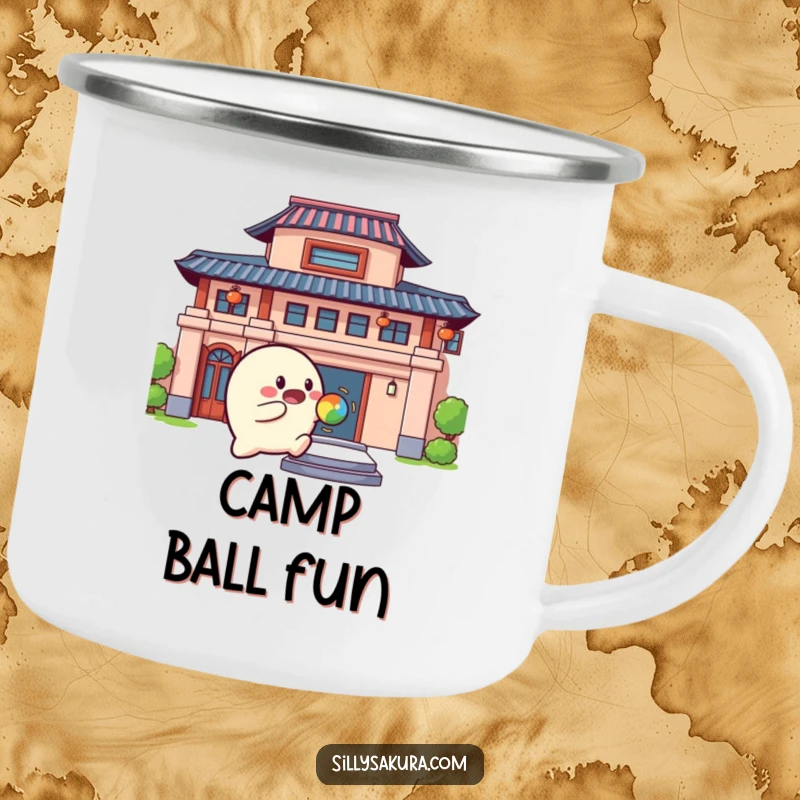 Funny Camping Mug with a rounded character playfully bouncing a colorful ball against a building, ideal for outdoor humor.