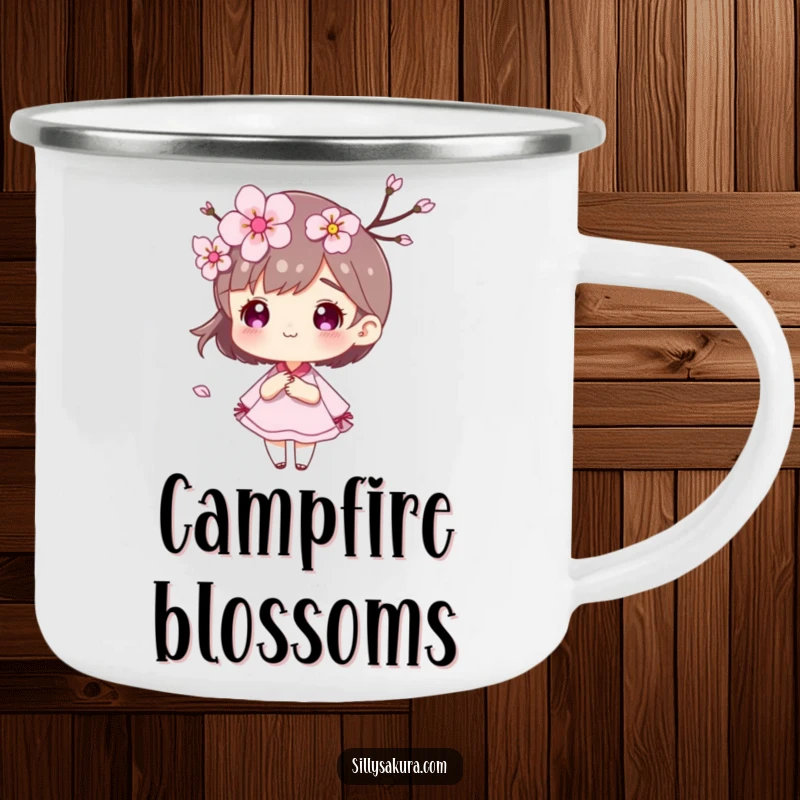 Funny Cherry Blossom Camping Mug with a character and petals blowing in the wind, perfect for outdoors.