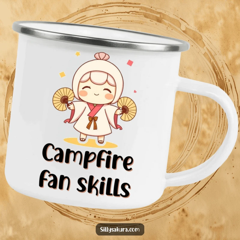 Funny camping mug featuring a cute Kokeshi doll character playfully juggling fans, perfect for outdoor fun and hydration.
