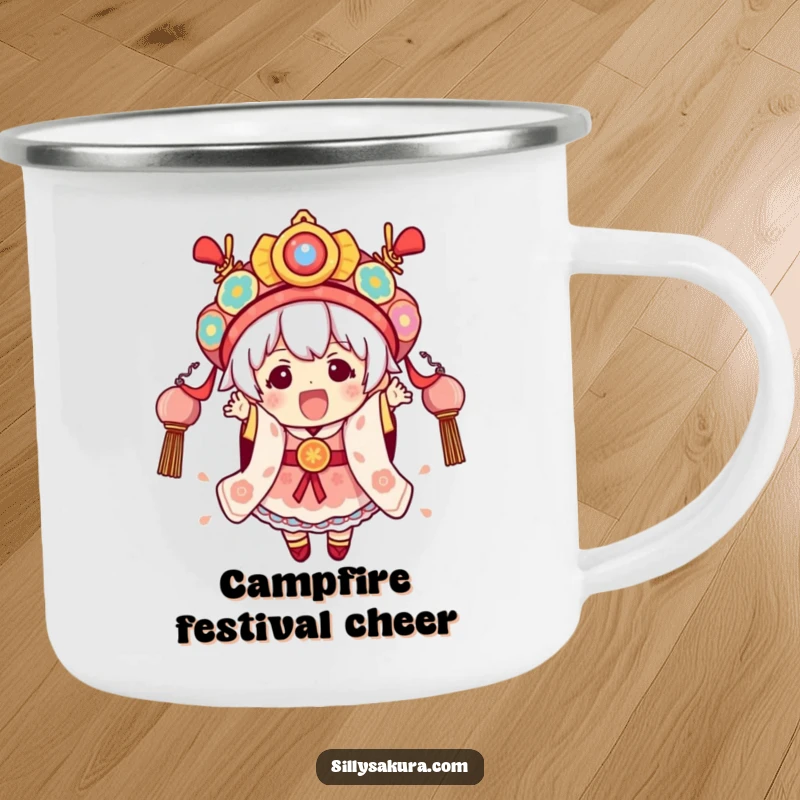 Funny Festival Kawaii Camping Mug showing a cute character excitedly wearing elaborate festival attire, ready for outdoor fun.
