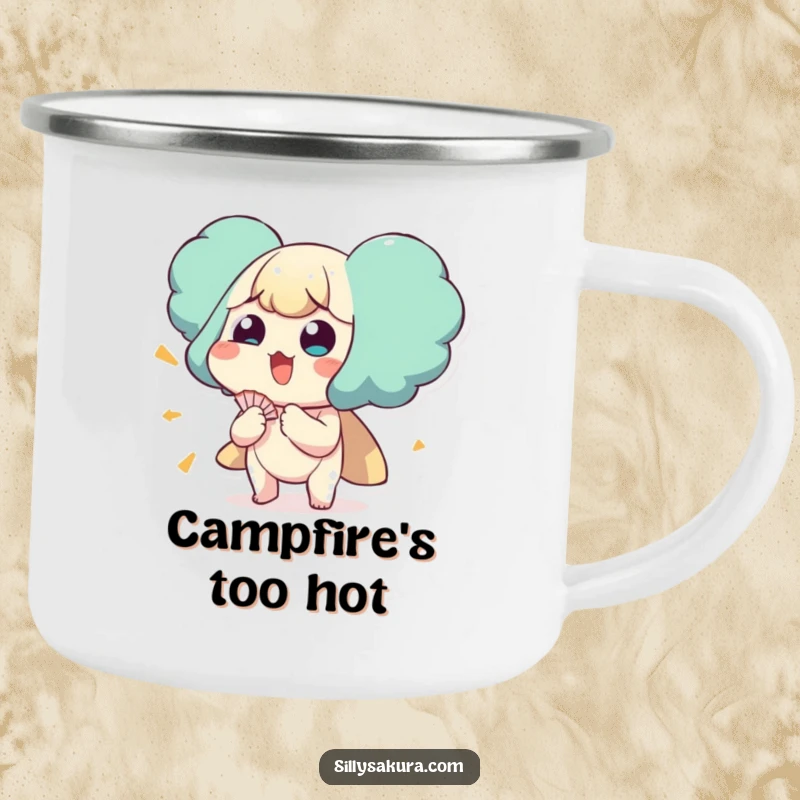 Funny camping mug of a character comically fanning itself, durable for outdoor use.
