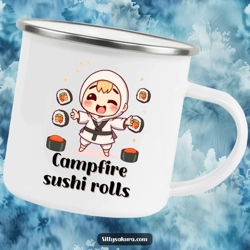 Funny camping mug showing a character comically trying to juggle sushi rolls around a campfire, durable and portable.