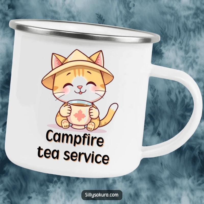 Funny Camping Mug showing a smiling cat in a paper hat, offering a cup of tea, perfect for enjoying drinks outdoors.