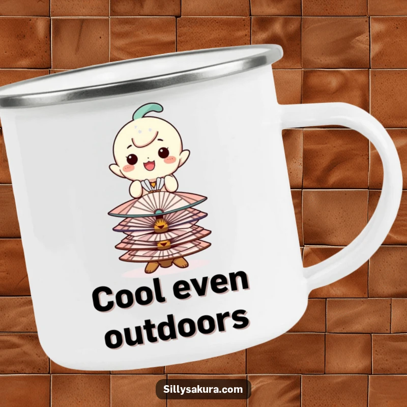 Funny camping mug with a happy character balancing decorative fans, durable for adventures, stylish for mornings.