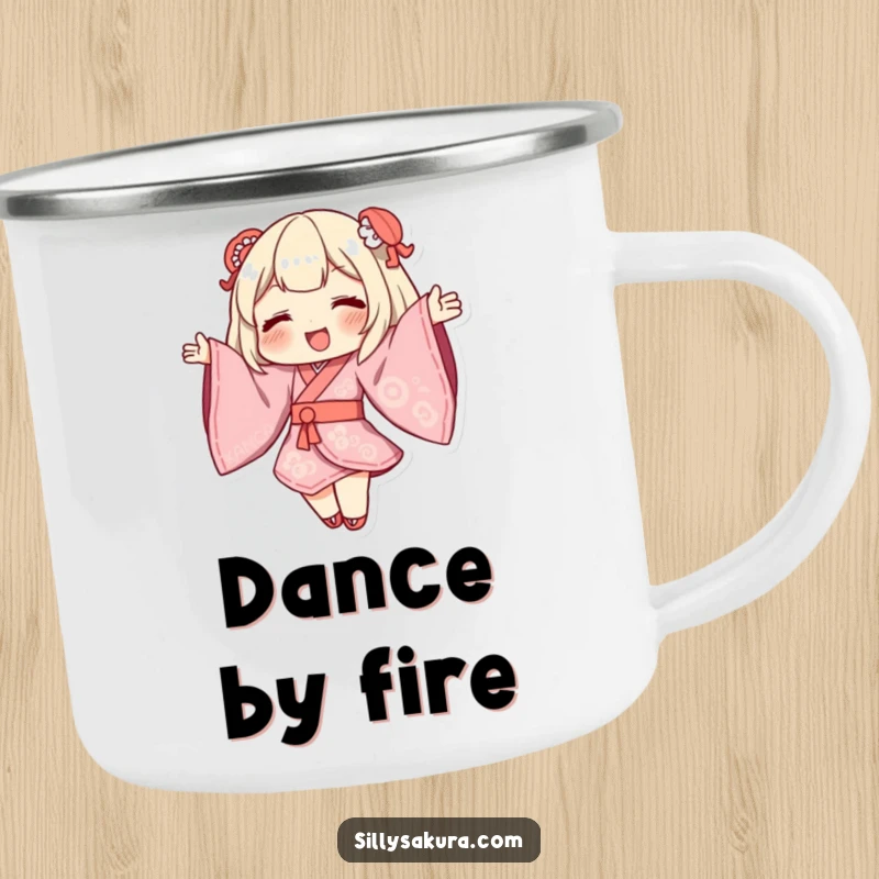 Funny Kimono Camping Mug with a character dancing, sleeves billowing, ideal for stylish outdoor trips.