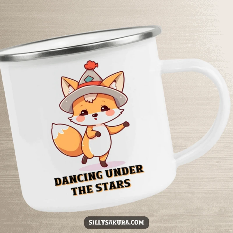 Funny camping mug featuring a fox in a small hat, energetically dancing amidst nature, ready for adventure.