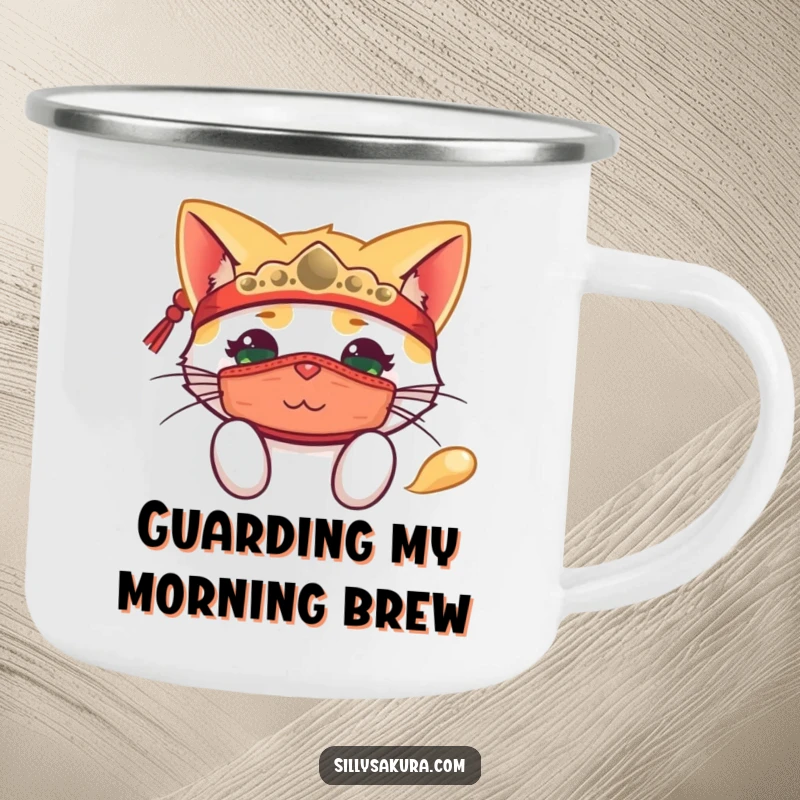 Funny camping mug with a happy cat in a traditional mask, playfully peeking out, ready for outdoor escapades.