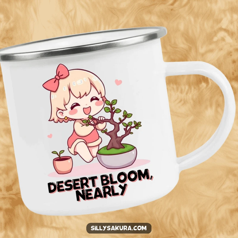 Funny Kawaii Camping Mug. A cute character joyfully tends to a miniature bonsai tree, designed for enjoying nature's beauty.