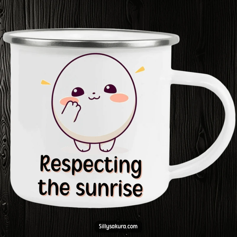 Funny Kawaii Camping Mug. A small, round cute character enthusiastically bows, designed for polite outdoor enjoyment.