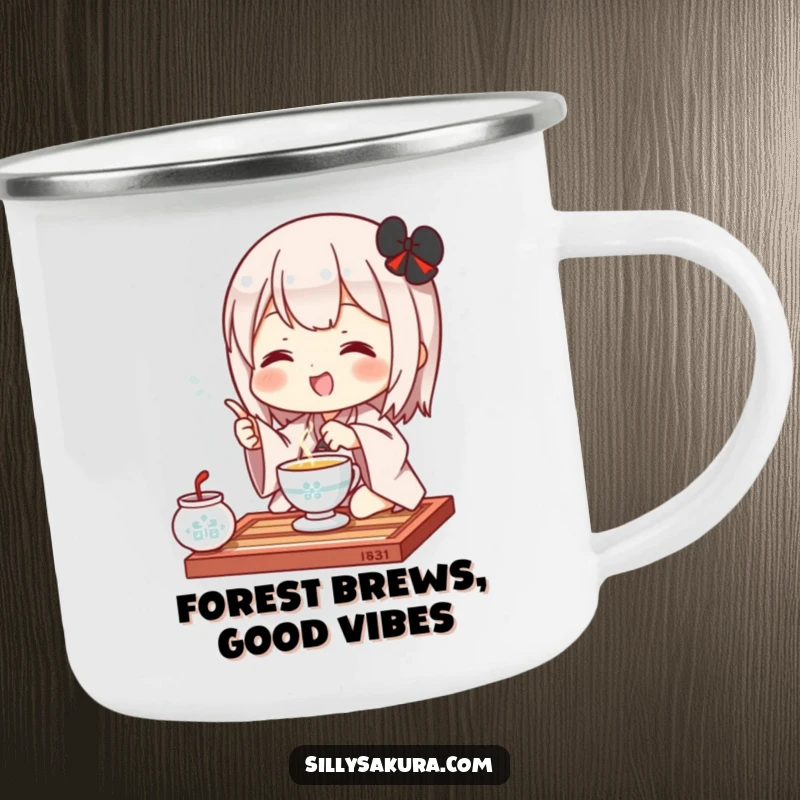 Funny Kawaii Camping Mug. A cute character gracefully performs a tea ceremony gesture, designed for outdoor enjoyment and humor.
