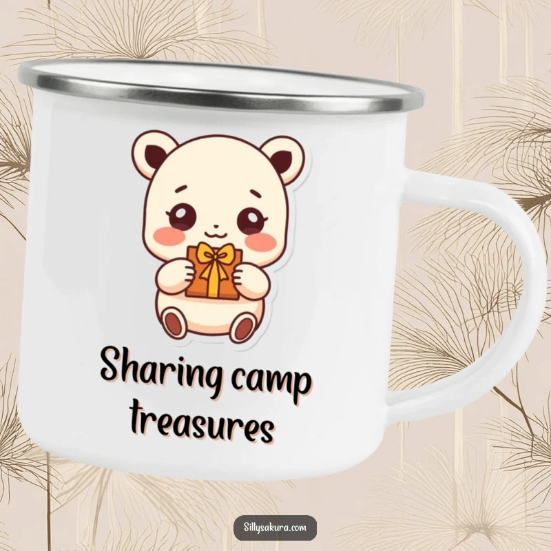 Funny camping mug with a small character whose eyes beam with joy, offering a handmade gift, perfect for cheerful camping.