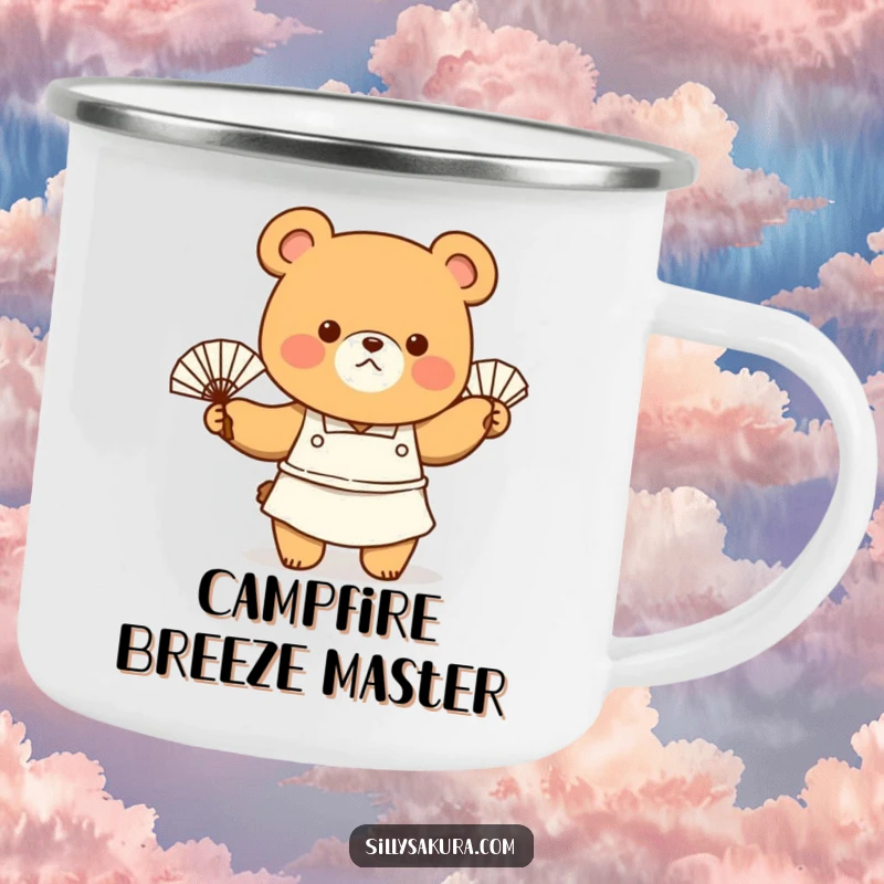 Funny Camping Mug showing a bear chef in an apron, fanning themselves with enthusiasm, perfect for outdoor chefs.
