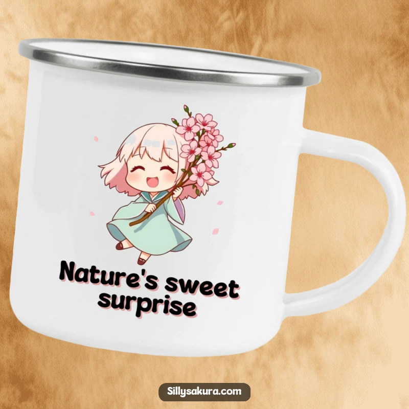 Funny camping mug with a joyful character spinning with a bouquet of exquisite pink blossoms, ideal for outdoor enthusiasts who appreciate beauty and humor.