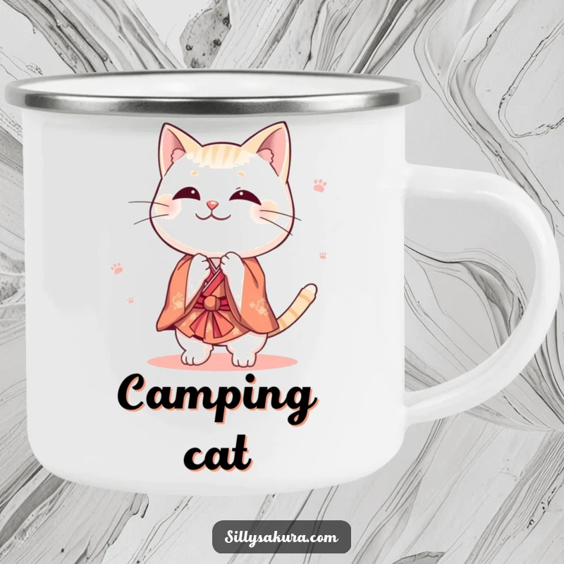 Funny cat camping mug showing a cute character in a tiny kimono bowing playfully, ideal for enjoying beverages during outdoor adventures with feline charm.