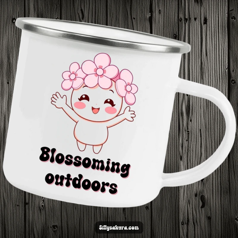 Funny cherry blossom camping mug showing a smiling flower character with tiny waving arms, ideal for enjoying beverages during spring outdoor adventures.