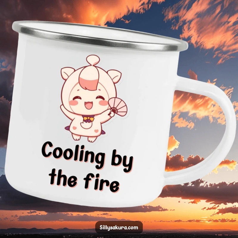 Funny camping mug showing a cute character happily fanning themselves, designed for outdoor refreshment.
