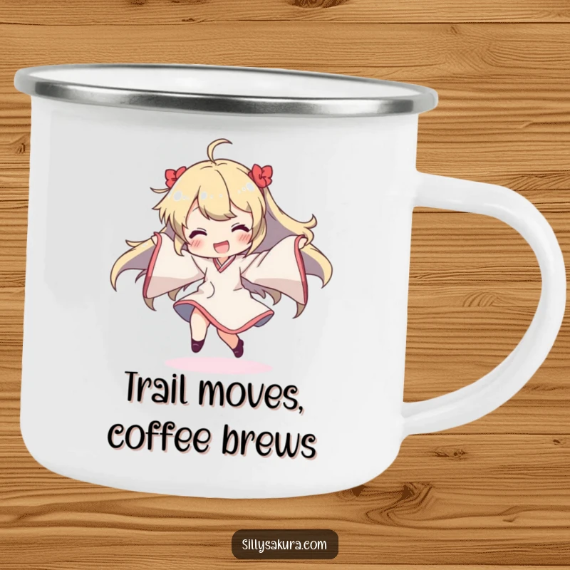 Funny camping mug depicting a character joyfully dancing in the outdoors, sleeves flowing, embodying wild, happy, and adventurous spirit.