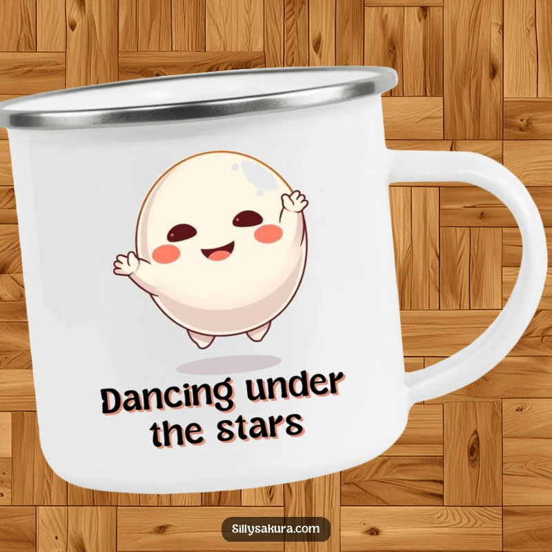 Funny Daruma camping mug with a floating character joyfully dancing, perfect for adding cheer to outdoor activities.