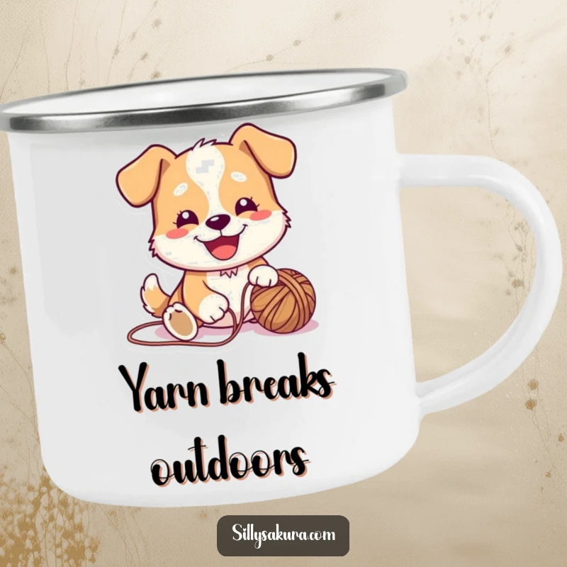 Funny Camping Mug showing a cute dog character joyfully playing with a yarn ball, perfect for enjoying drinks outdoors.