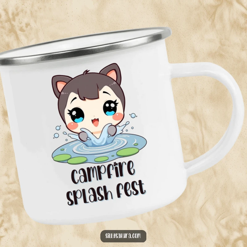 Funny Camping Mug: A character with eyes wide with delight splashes in a small pond, perfect for outdoor hydration.