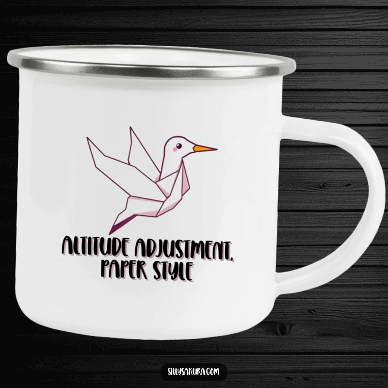 Funny camping mug with a giggling origami crane character soaring, designed for outdoor adventures and cheerful sipping.