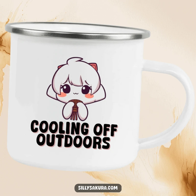Funny camping mug featuring a Japanese fan character opening and closing with a flourish, perfect for stylish outdoor enjoyment.