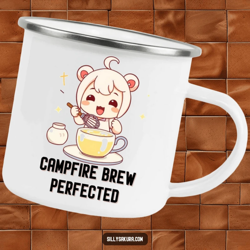 Funny Kawaii Tea Whisk Camping Mug showing a cute character enthusiastically preparing tea with a whisk, ready for the outdoors.