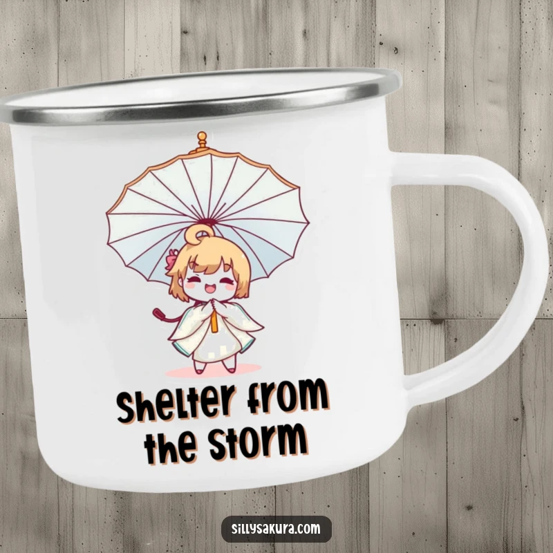 Funny Kawaii Umbrella Camping Mug showcasing a cute character joyfully twirling a decorative umbrella, ready for the trail.