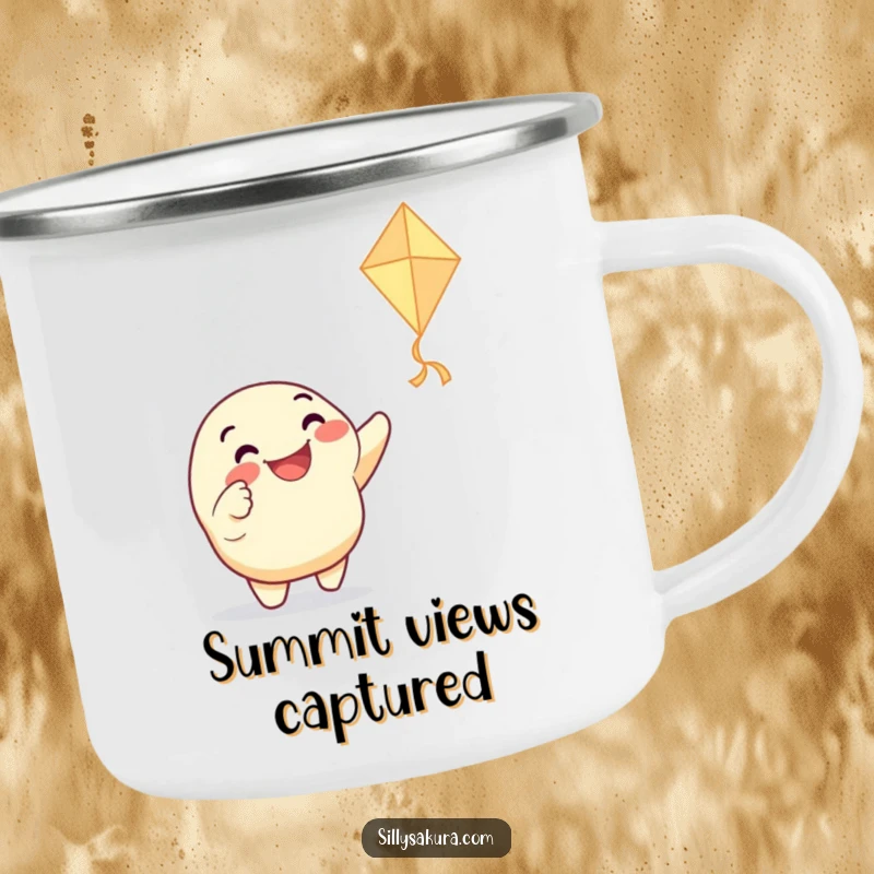 Funny camping mug with a grinning character enthusiastically pointing at a dancing paper kite, ideal for outdoor enthusiasts who love playfulness and humor.
