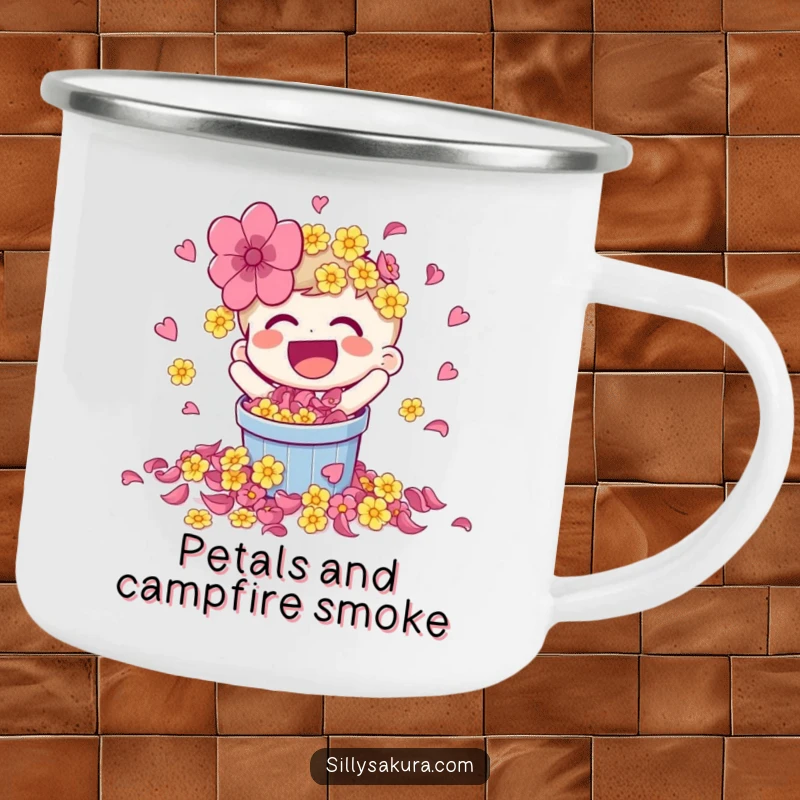 Funny camping mug with a laughing character spilling flower petals, durable for adventures, vibrant for mornings.
