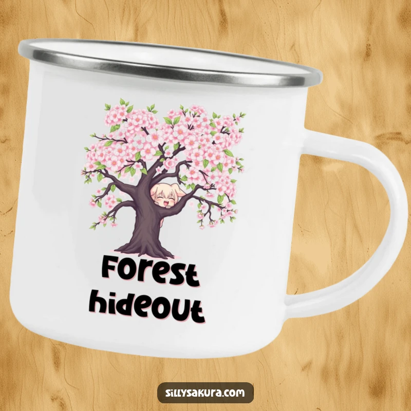 Funny Character Camping Mug: A mischievous character peeks from behind cherry blossoms, ideal for enjoying drinks with playful spring charm outdoors.