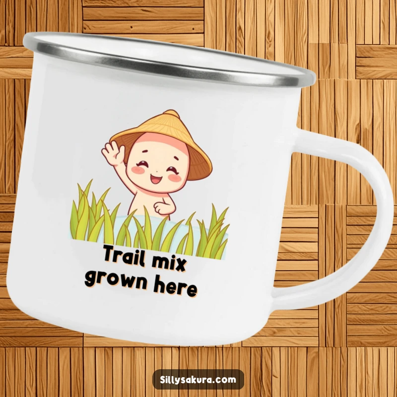 Funny camping mug: a smiling character in a straw hat waves from a rice paddy, perfect for outdoor enjoyment.