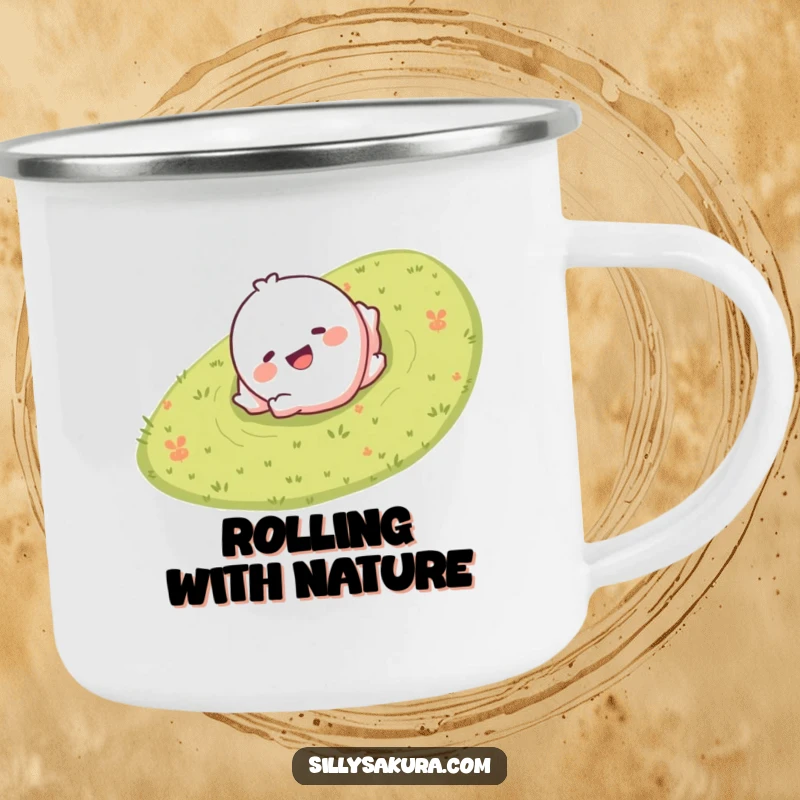 Funny camping mug with a giggling character rolling down a grassy hill, durable for adventures, joyful for mornings.