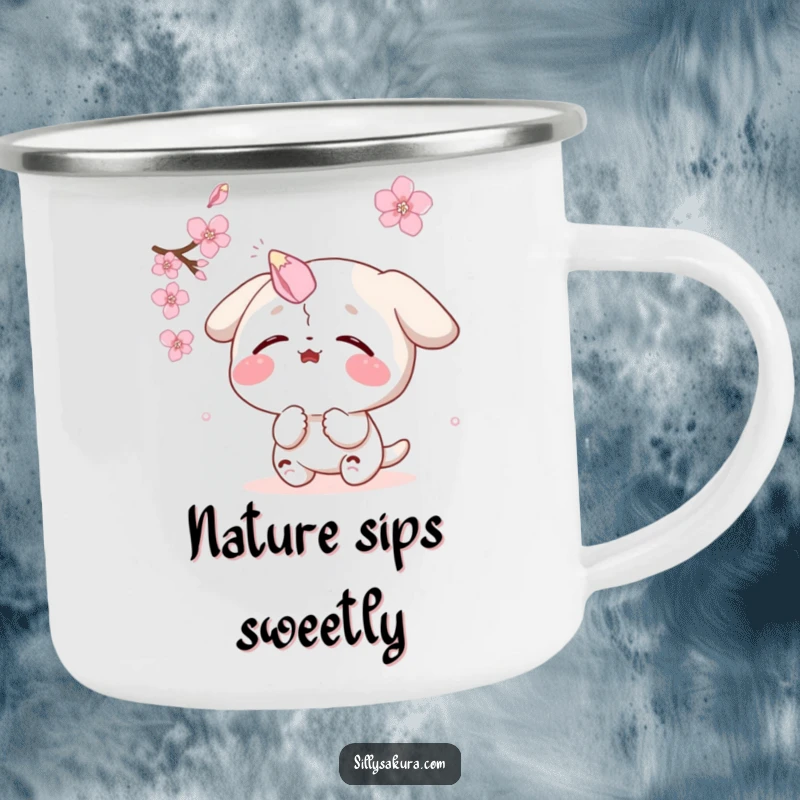 Funny camping mug: a delighted character comically balances a sakura petal on its nose, perfect for outdoor enjoyment.