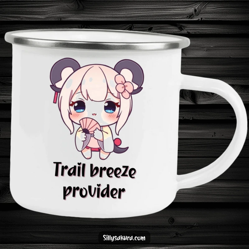 Funny camping mug with a shy, blushing character offering a tiny fan, durable and charming for outdoors.