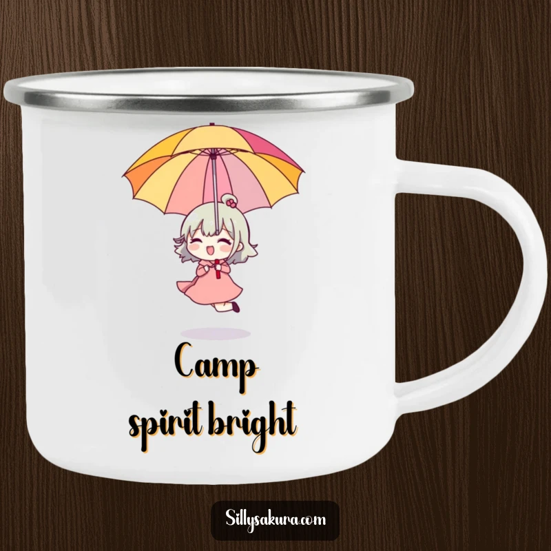 Funny Camping Mug with a character happily skipping, holding a bright umbrella upside down, ideal for outdoor humor.