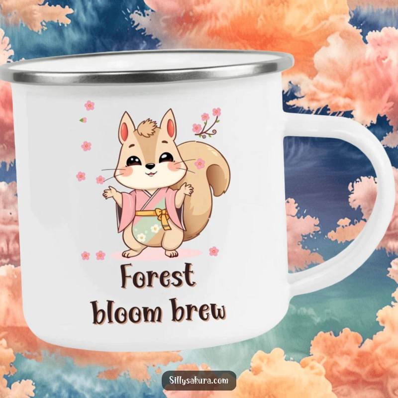 Funny camping mug illustrating a skilled squirrel in a kimono juggling cherry blossoms, perfect for campfire tales.