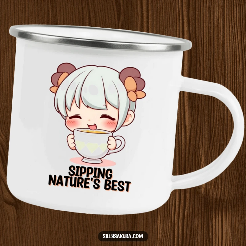 Funny camping mug with a cute smiling character playfully sipping a tiny teacup, durable for adventures, stylish for smiles.