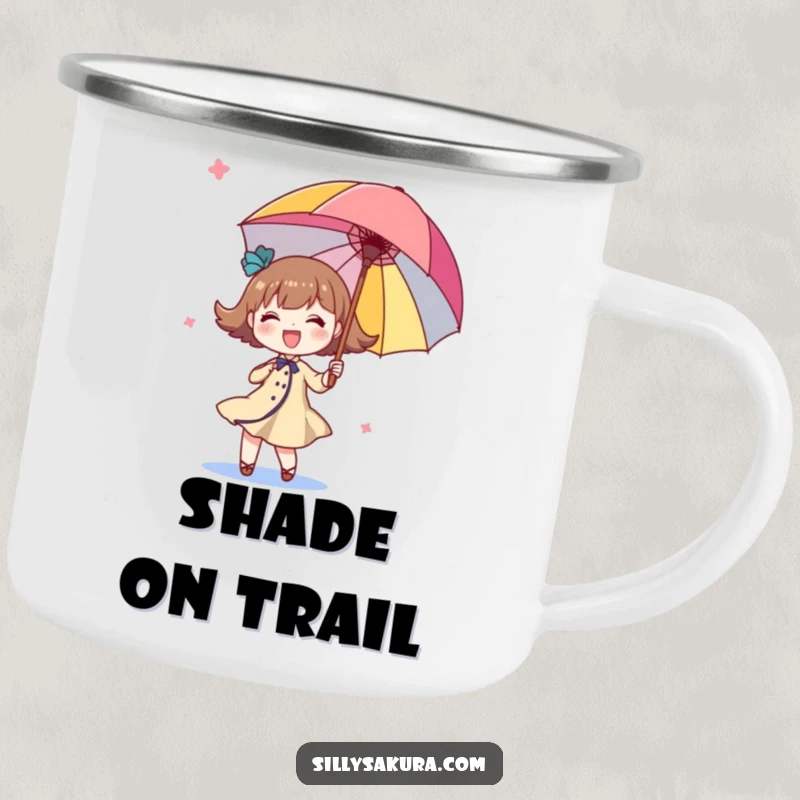 Funny twirling character camping mug, a cute figure happily twirling a vibrant parasol, perfect for enjoying drinks outdoors.