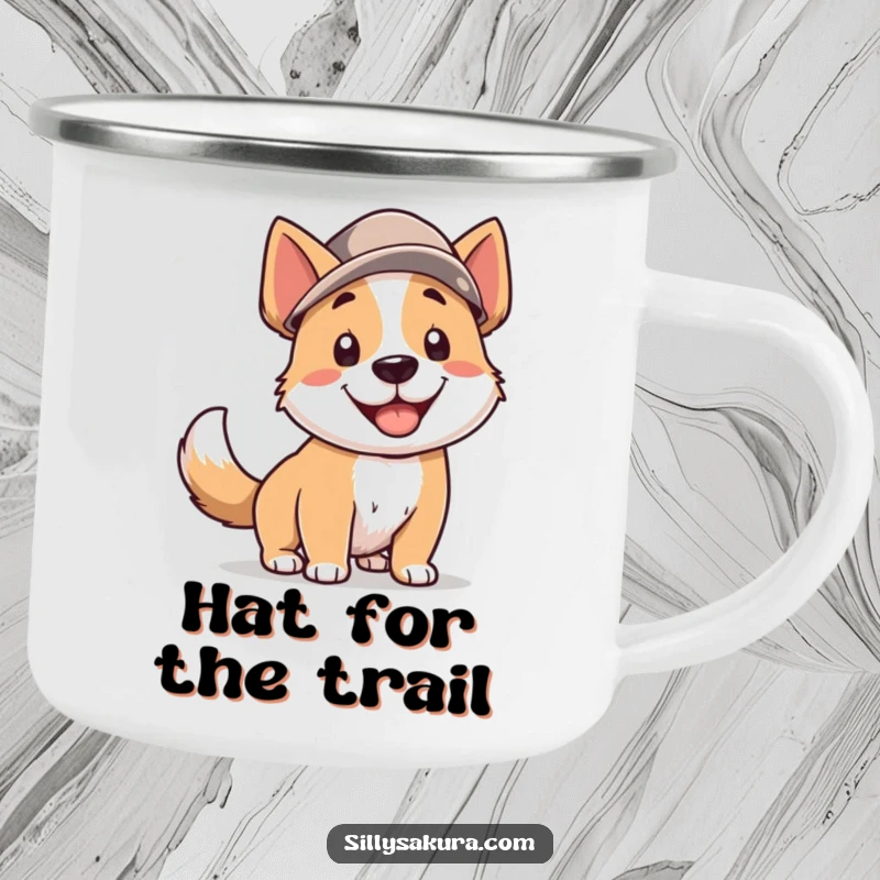 Funny Dog Camping Mug: A smiling dog wearing a hat, tail wagging, perfect for outdoor adventures and enjoying hot drinks with humor.