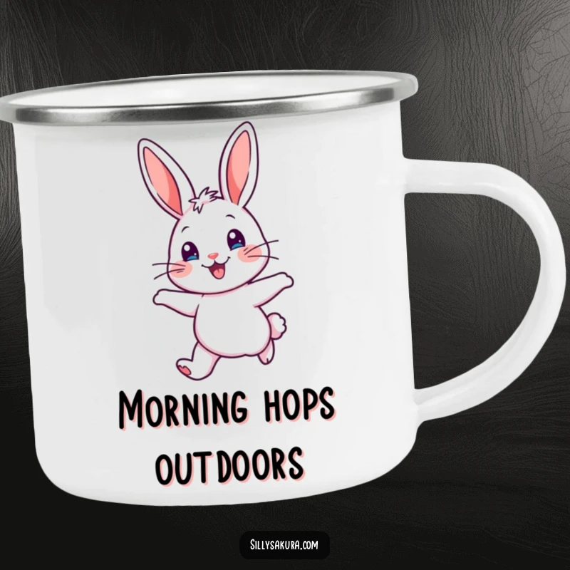 Funny Camping Mug showing a cheerful rabbit character joyfully hopping with perked ears, ready for outdoor escapades.