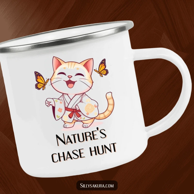 Funny delighted cat in a floral kimono playfully chasing a butterfly on a durable camping mug.