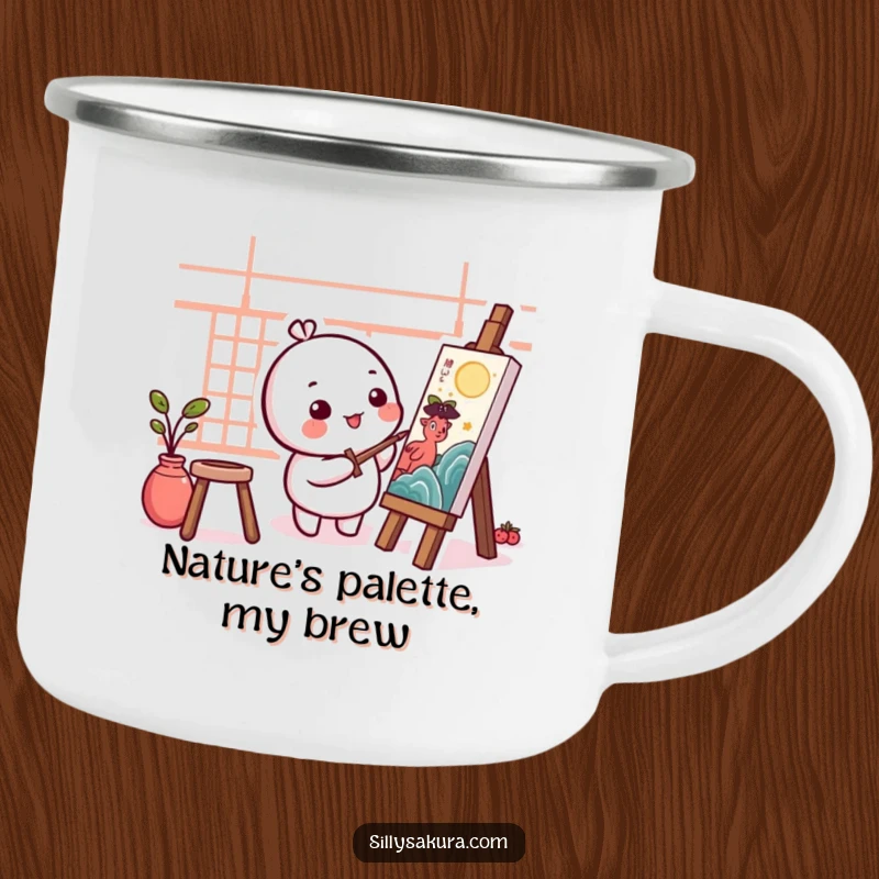 Funny Kawaii Artist Camping Mug showing a cute, round character happily painting traditional art, ready for the great outdoors.