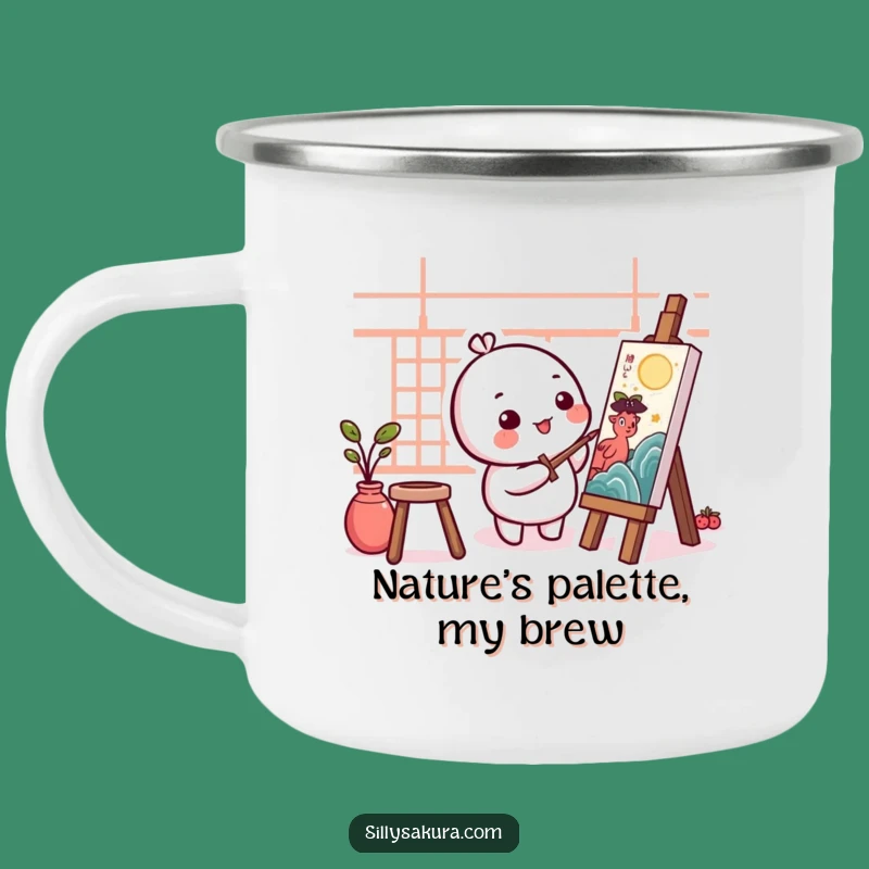 Funny Kawaii Artist Camping Mug - Round Character Painting for Outdoor Inspiration