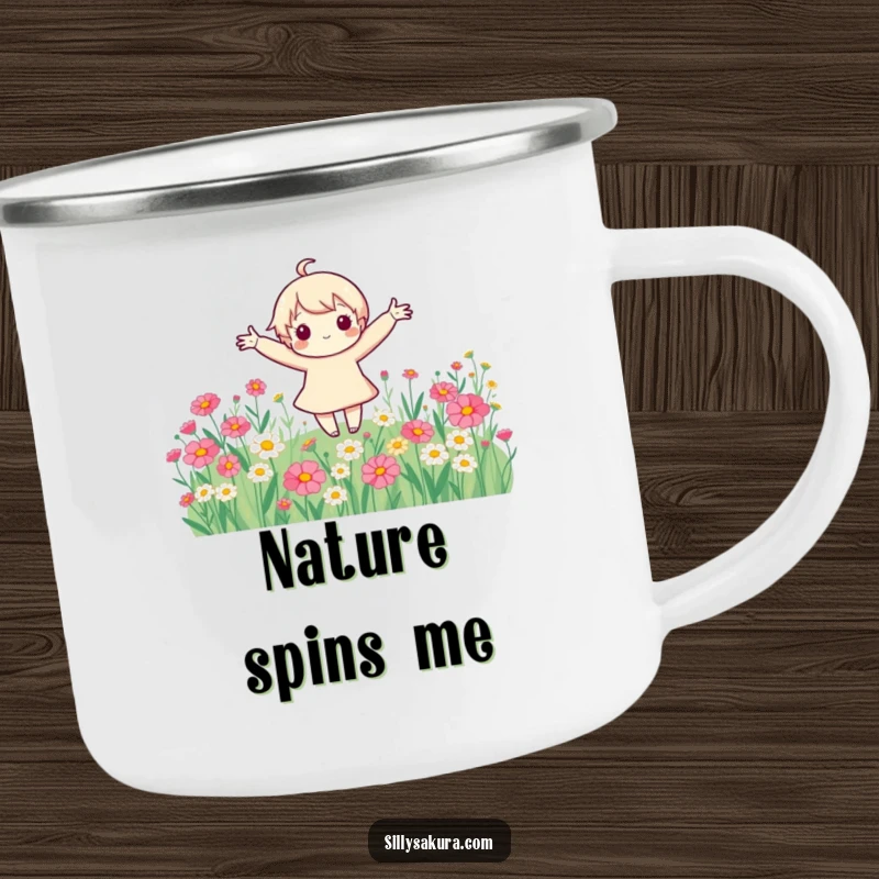 Funny cute character with arms spread wide, spinning joyfully in a vibrant field of flowers, depicted on a sturdy camping mug.