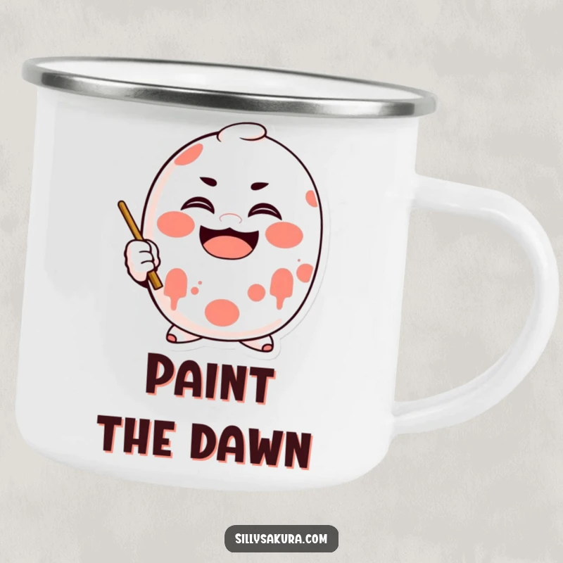 Funny Daruma Camping Mug with a character doll painting a smile, ready for outdoor fun.