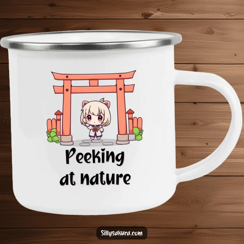 Funny camping mug with a curious character peeking from behind a torii gate, perfect for adventurous outdoor sips.