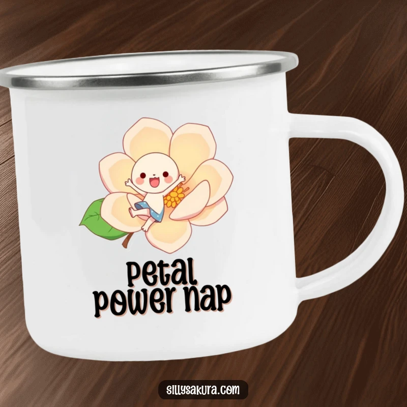 Funny kawaii character joyfully kicking a giant, stylized blossom, depicted on a sturdy camping mug for cheerful outdoor enjoyment.