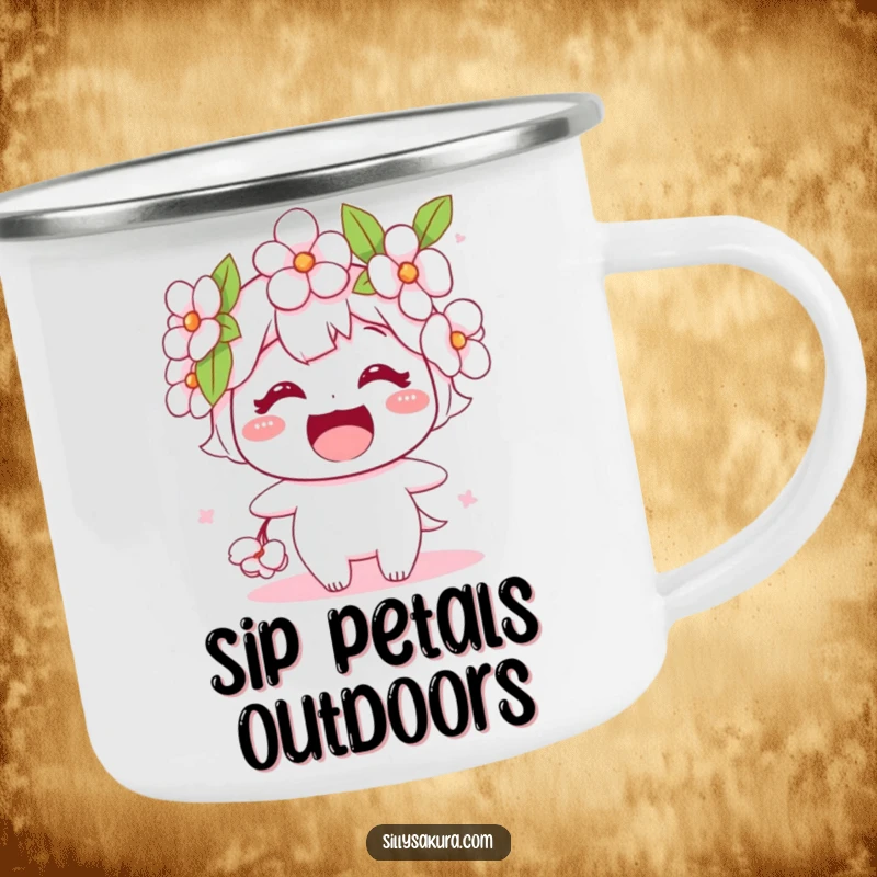 Funny camping mug featuring a smiling cherry blossom character, perfect for outdoor enjoyment with a dose of floral humor.